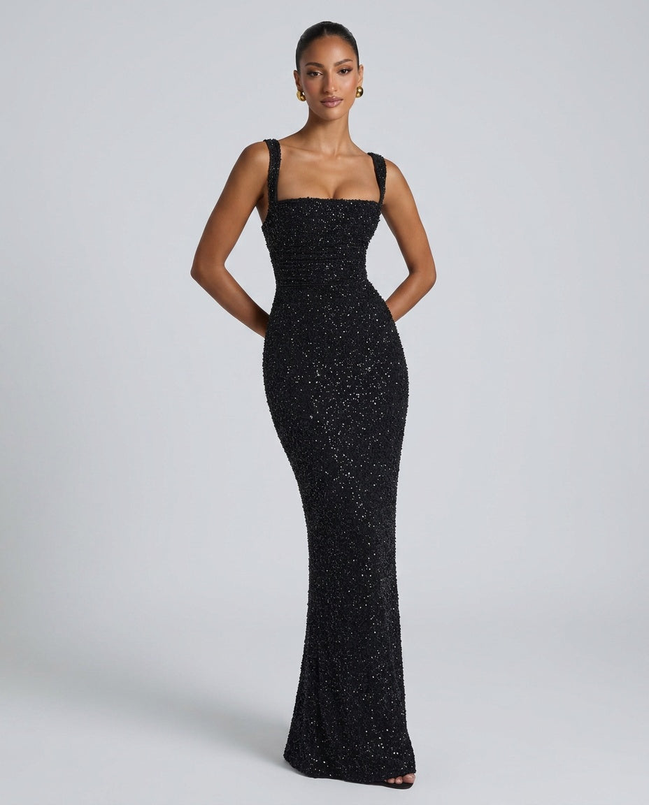 Sequin Tie-Up Square Neck Maxi Dress
