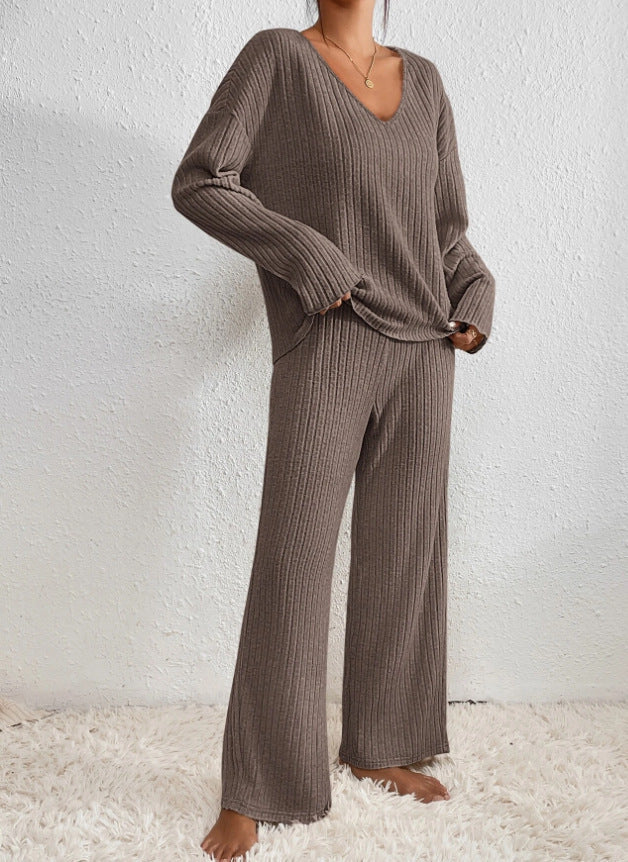 Ribbed Knit Two-Piece Set – V-Neck Top and Trousers