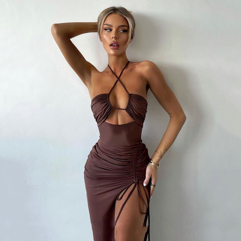 Halterneck Maxi Dress with Cut-Out & Split – Women's Y2K Party Dress