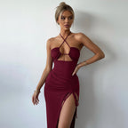 Halterneck Maxi Dress with Cut-Out & Split – Women's Y2K Party Dress