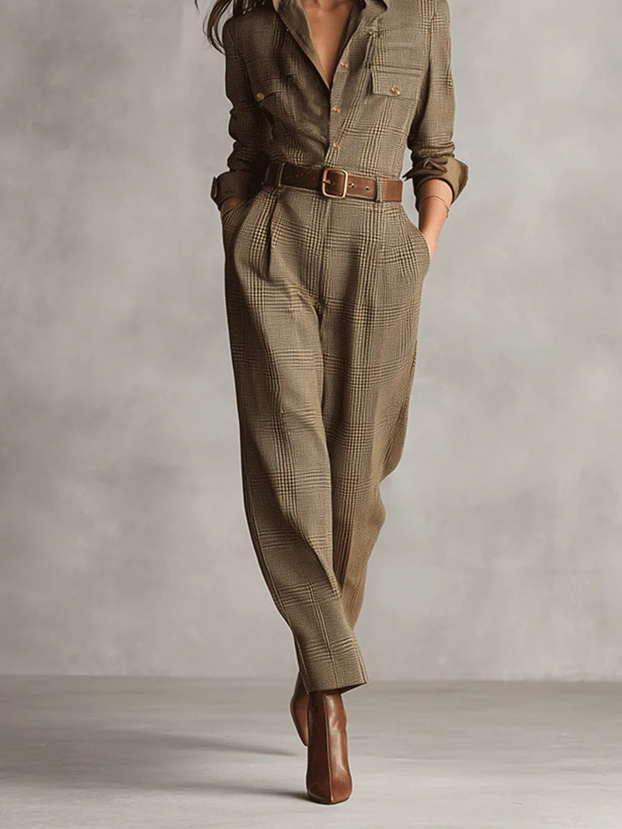Women's Textured Tweed Utility Jumpsuit with Button Front and Tailored