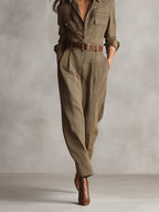 Women's Textured Tweed Utility Jumpsuit with Button Front and Tailored