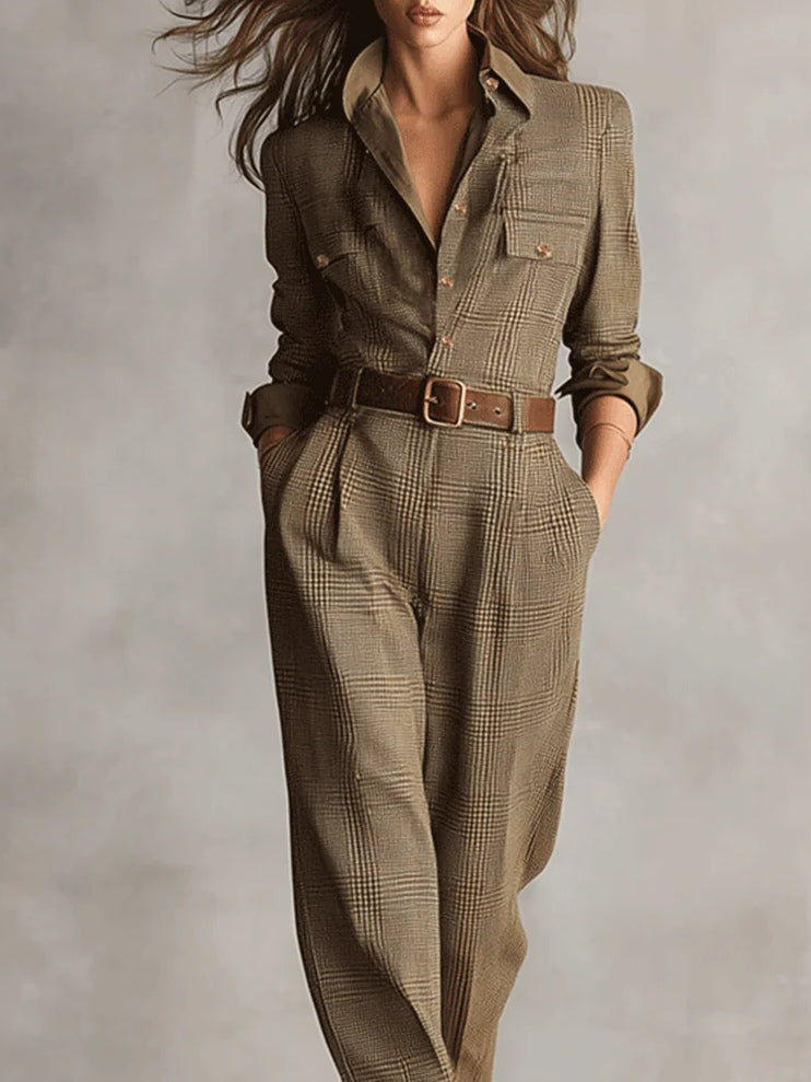 Women's Textured Tweed Utility Jumpsuit with Button Front and Tailored