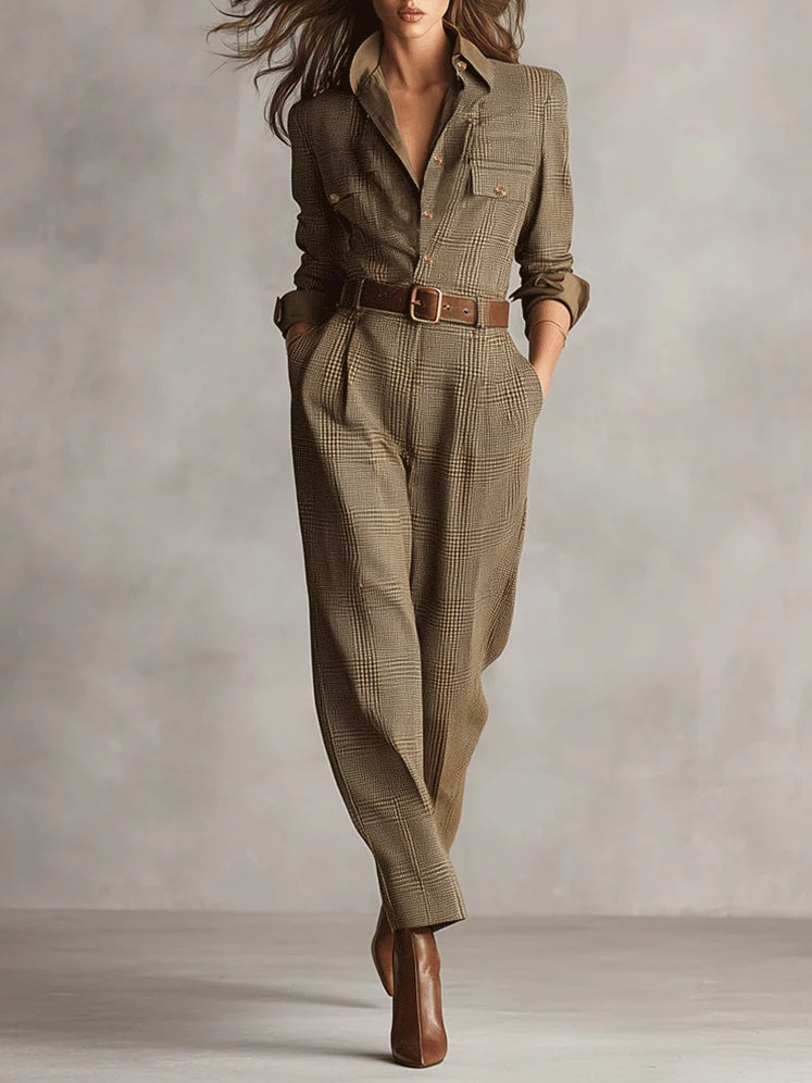 Women's Textured Tweed Utility Jumpsuit with Button Front and Tailored