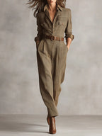 Women's Textured Tweed Utility Jumpsuit with Button Front and Tailored