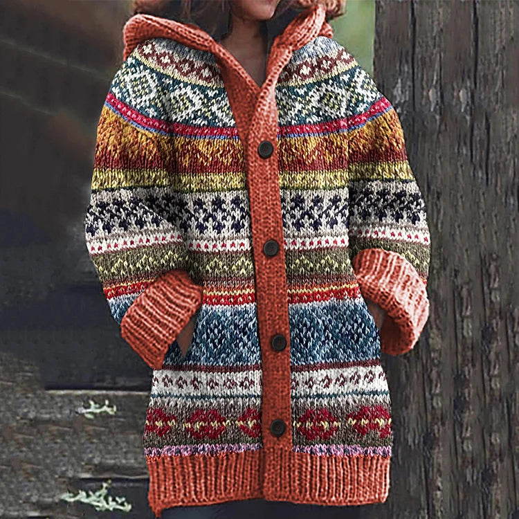 Women's Fair Isle Knitted Cardigan with Drawstring Hood and Button Front