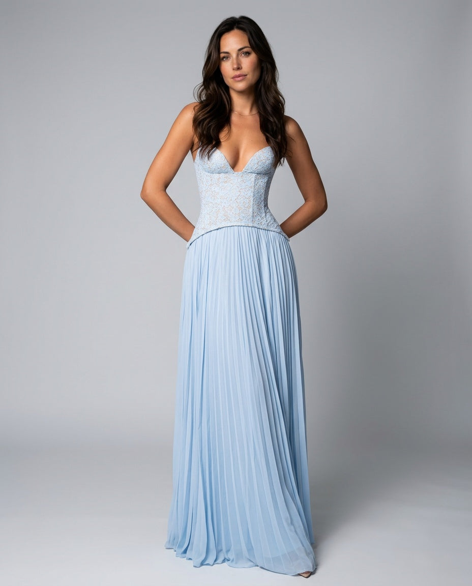 Sweetheart Lace Chiffon Pleated Maxi Dress