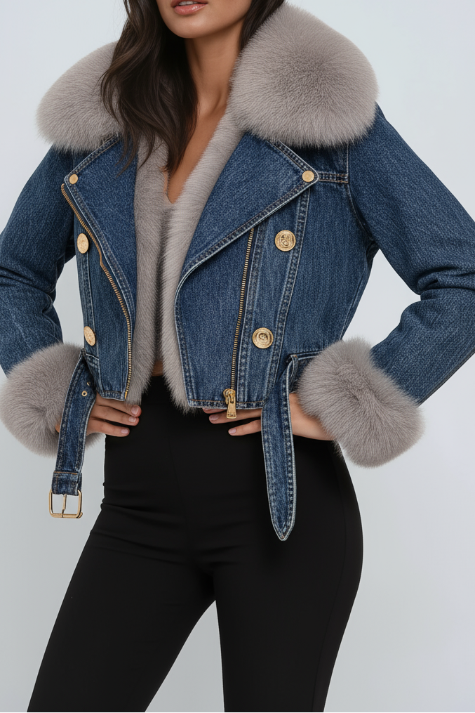 Women's Cropped Denim Jacket with Plush faux fur Collar and Cuffs