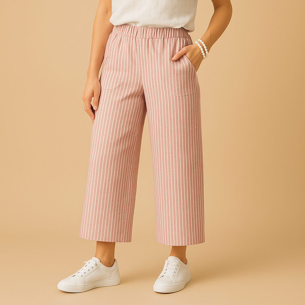 Women's Striped Wide-Leg Summer Trousers – Cropped Elastic-Waist Style with Pockets for Casual Holidays Travel and Everyday Warm-Weather Wear