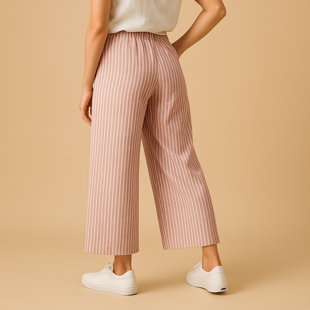 Women's Striped Wide-Leg Summer Trousers – Cropped Elastic-Waist Style with Pockets for Casual Holidays Travel and Everyday Warm-Weather Wear