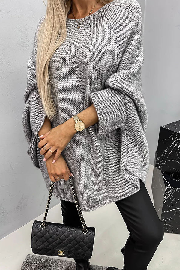 Women's Draped Knit Poncho – Relaxed Round-Neck Sweater