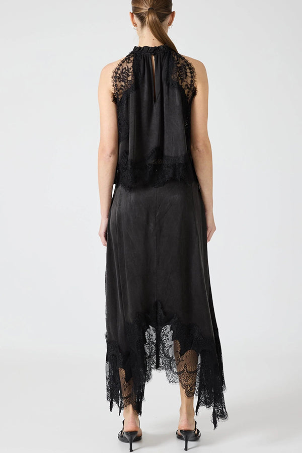 Satin Lace-Trim Top & A-Line Slit Skirt Set