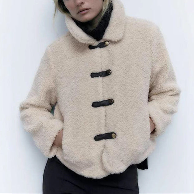 Women's Plush Teddy Fleece Jacket with Toggle Fastenings and High Collar