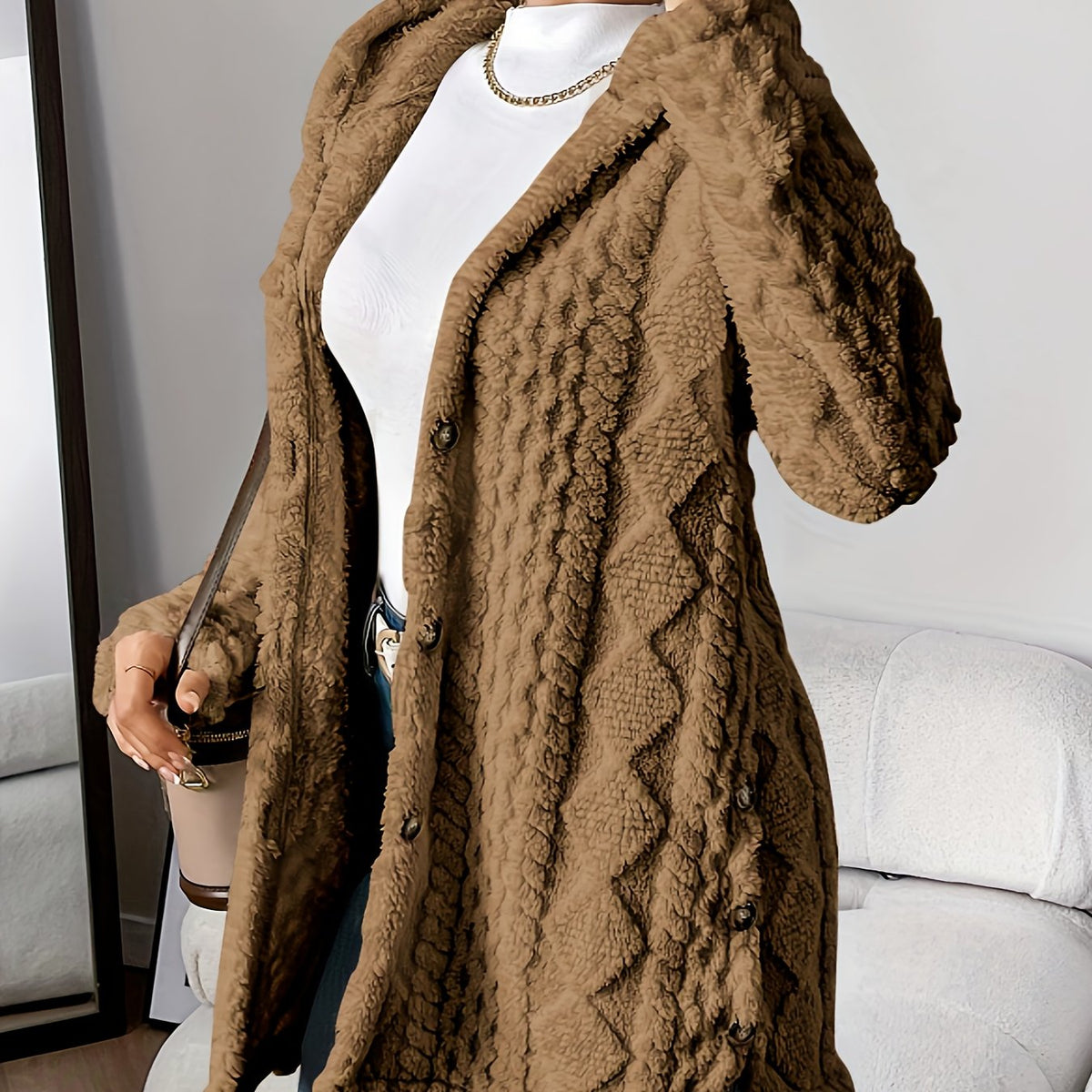 Women's Longline Textured Knit Cardigan with Button Front