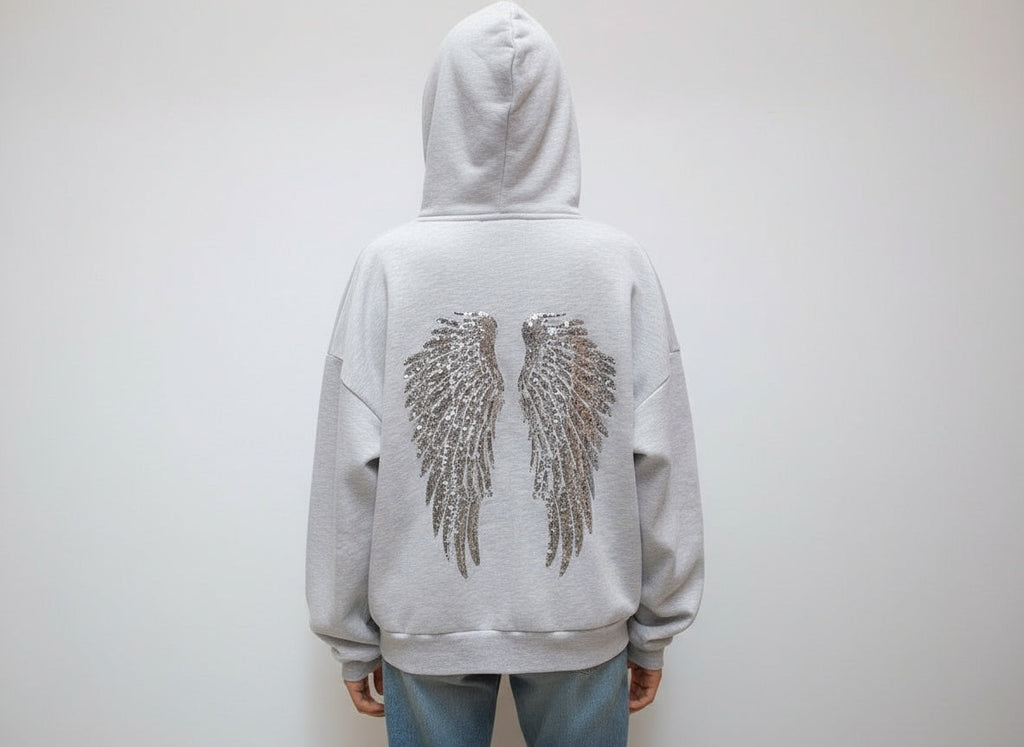 Grey Hoodie with Sequin Angel Wings – Sparkle Back Print Hoodie