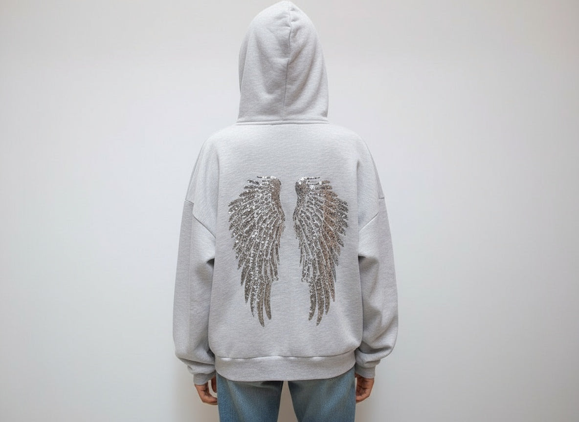Grey Hoodie with Sequin Angel Wings – Sparkle Back Print Hoodie