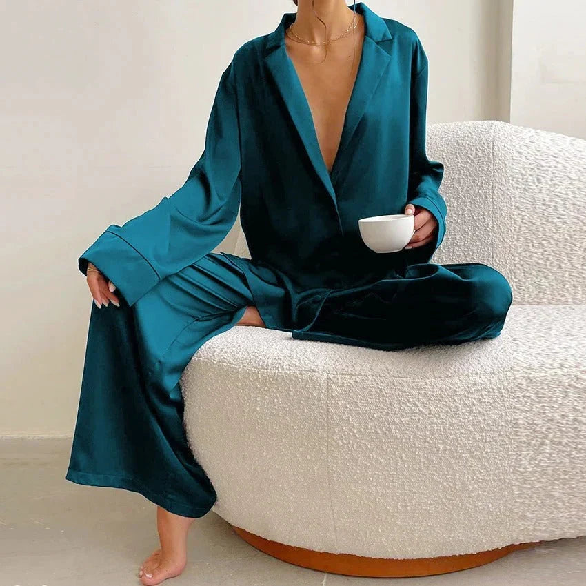 Women's Relaxed Pyjama Co-Ord Set – Button-Up Long-Sleeve Shirt