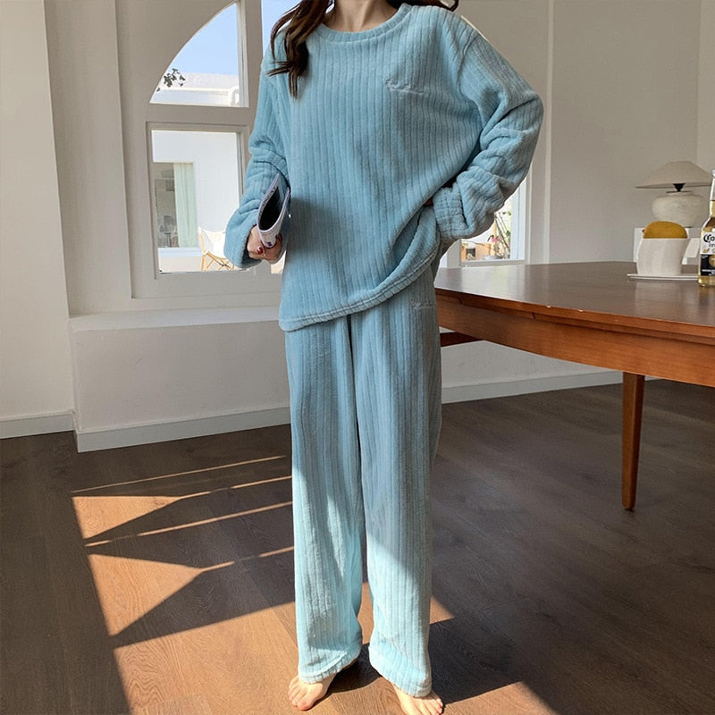 Women's Ribbed Fleece Long-Sleeve Top and Trousers Set