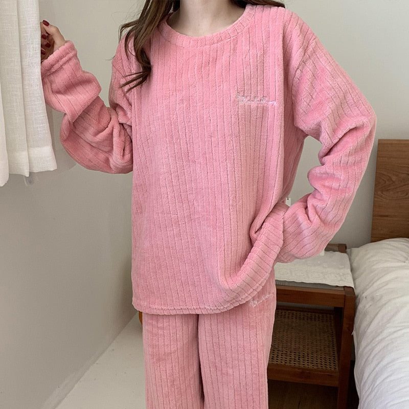 Women's Ribbed Fleece Long-Sleeve Top and Trousers Set