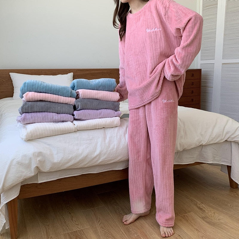 Women's Ribbed Fleece Long-Sleeve Top and Trousers Set