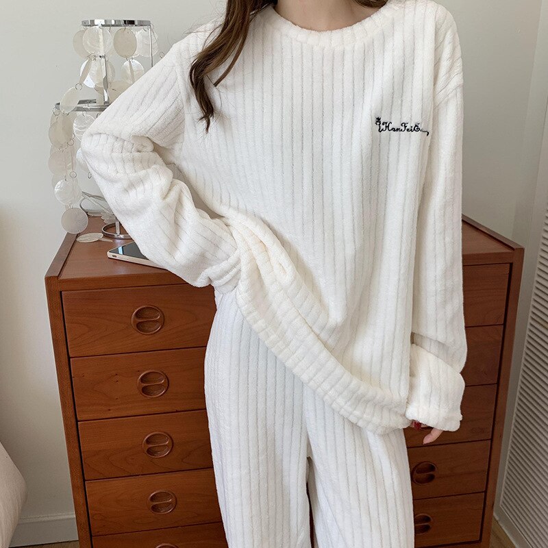 Women's Ribbed Fleece Long-Sleeve Top and Trousers Set