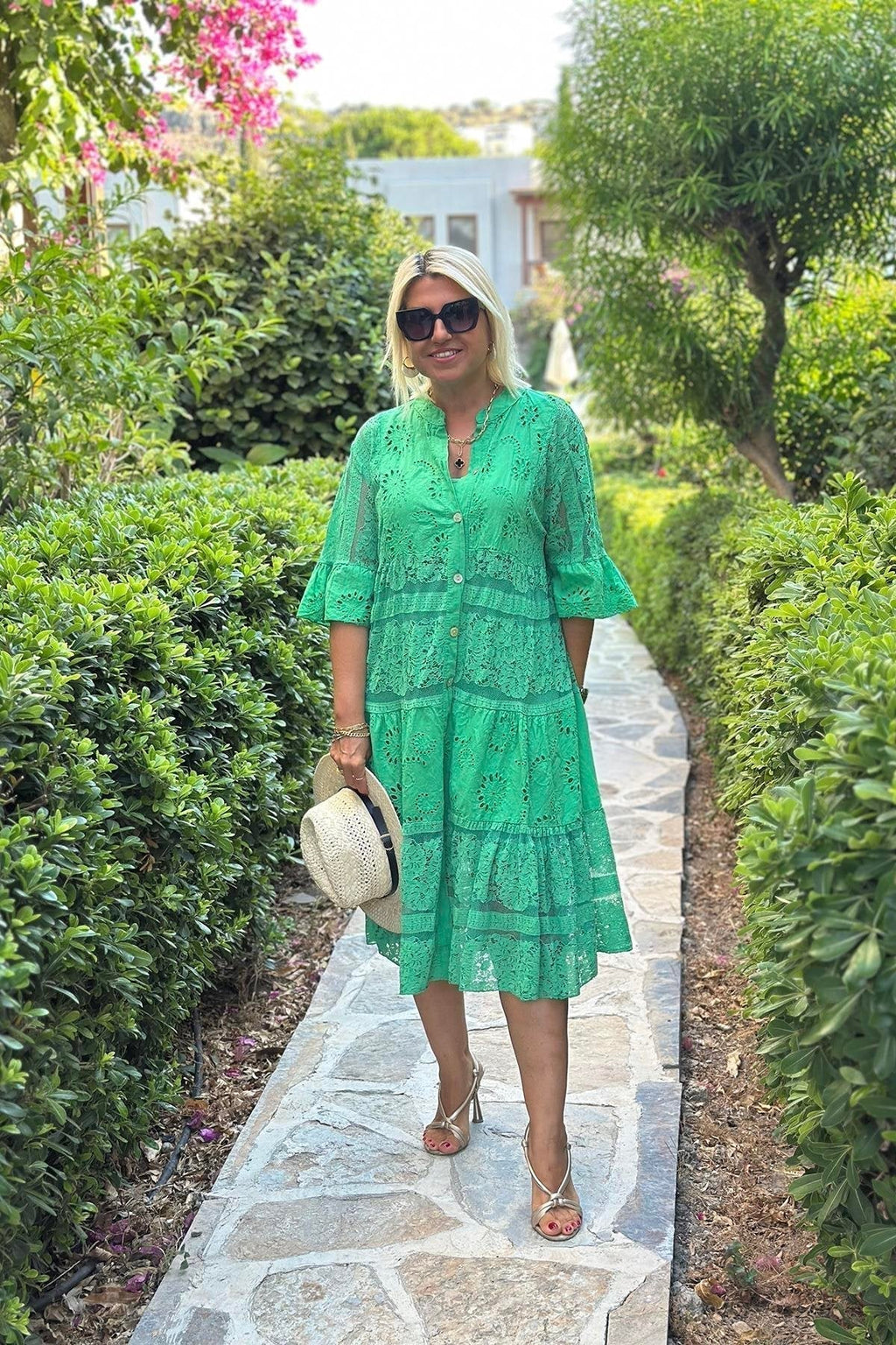 A-Line Dress Three-Quarter Sleeves Front Button | Meave & Ivy
