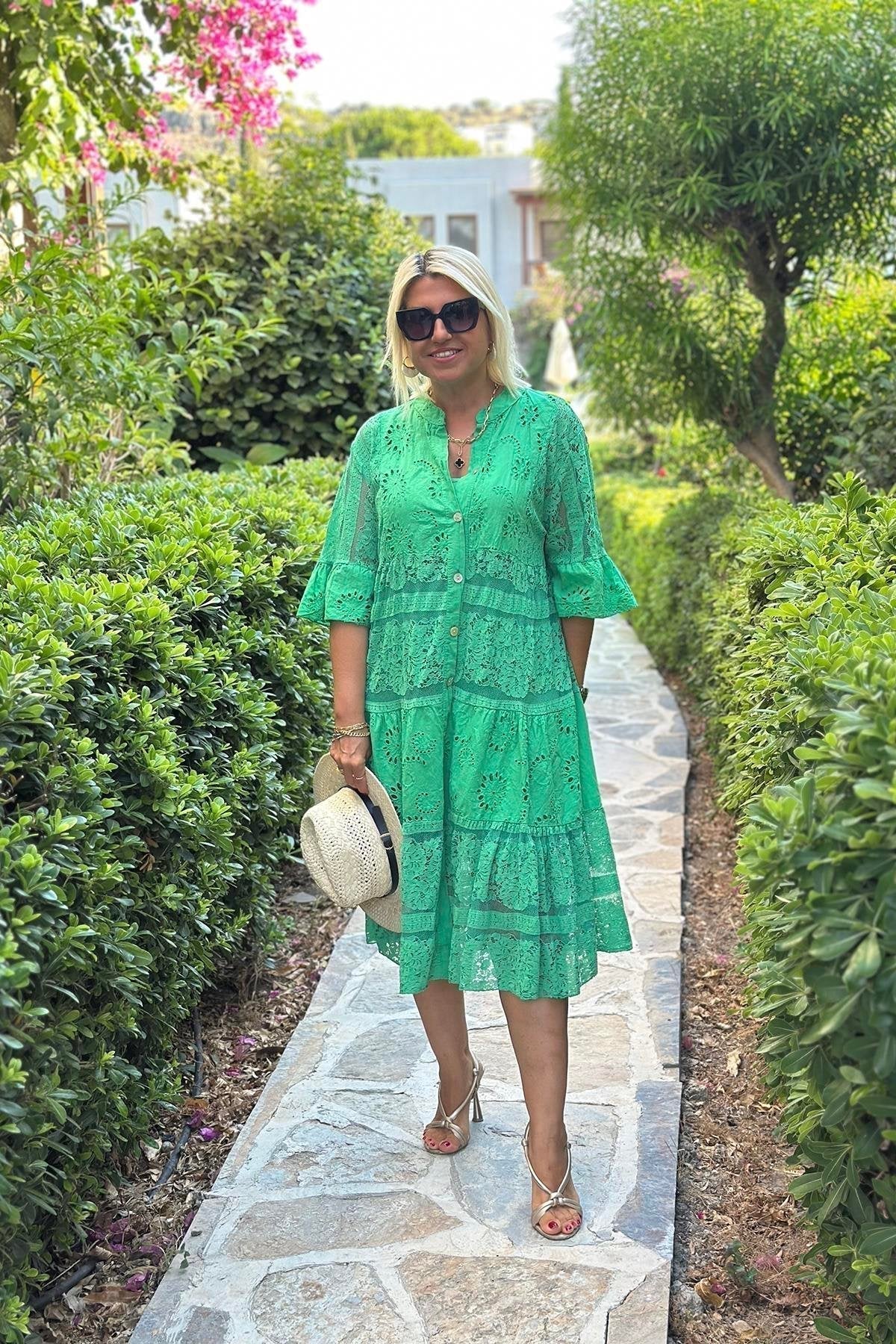 A-Line Dress Three-Quarter Sleeves Front Button | Meave & Ivy