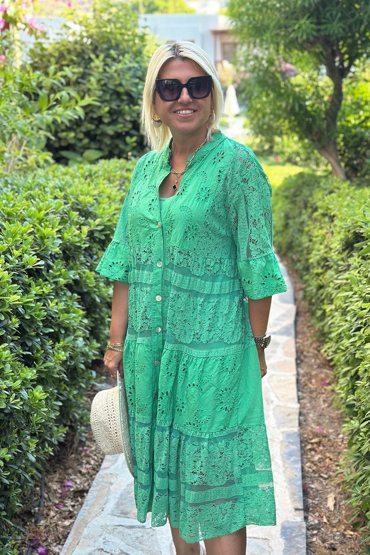 A-Line Dress Three-Quarter Sleeves Front Button | Meave & Ivy