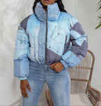 Women's Cropped Padded Puffer Jacket with Denim Patchwork Design and High