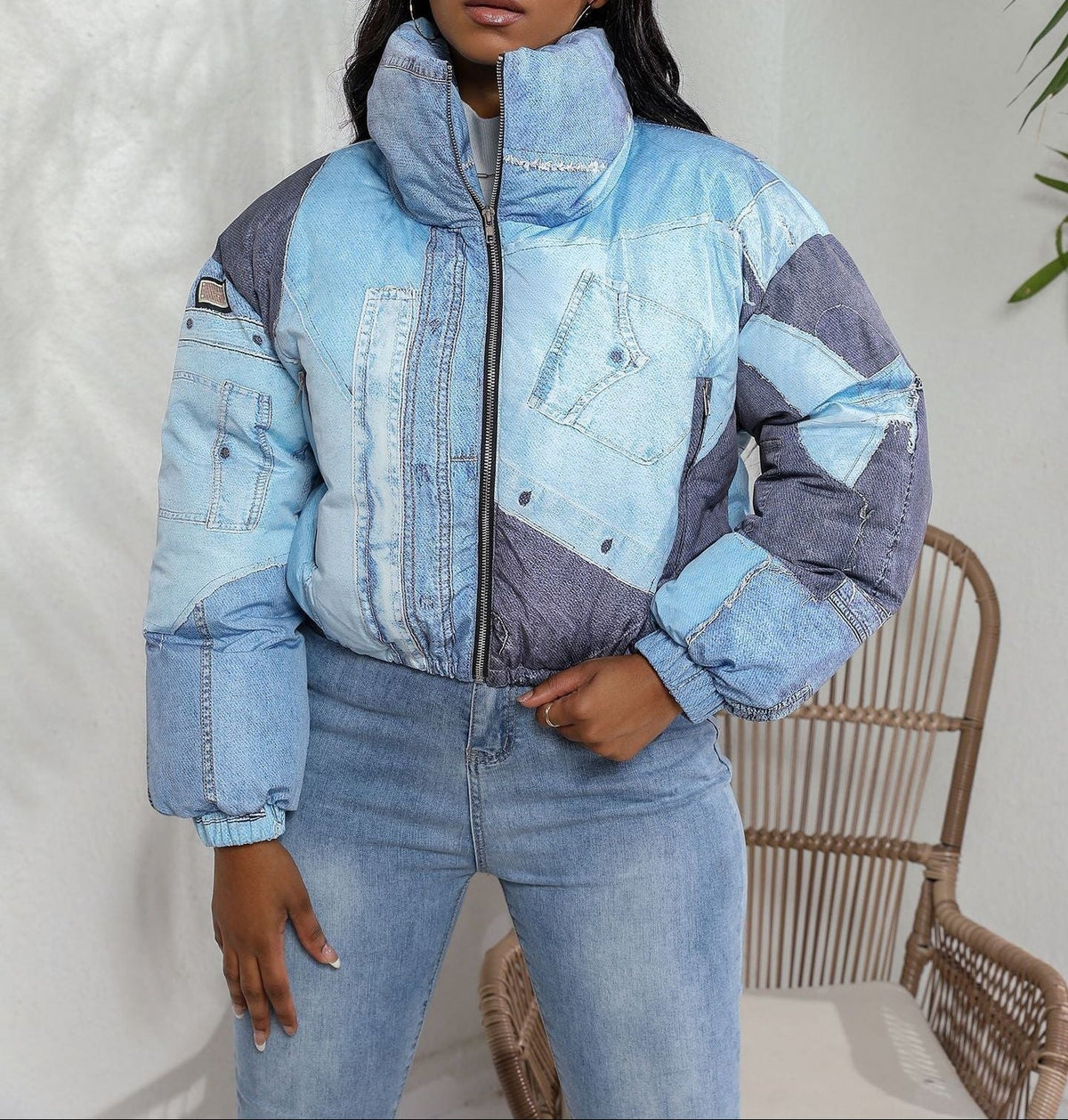 Women's Cropped Padded Puffer Jacket with Denim Patchwork Design and High