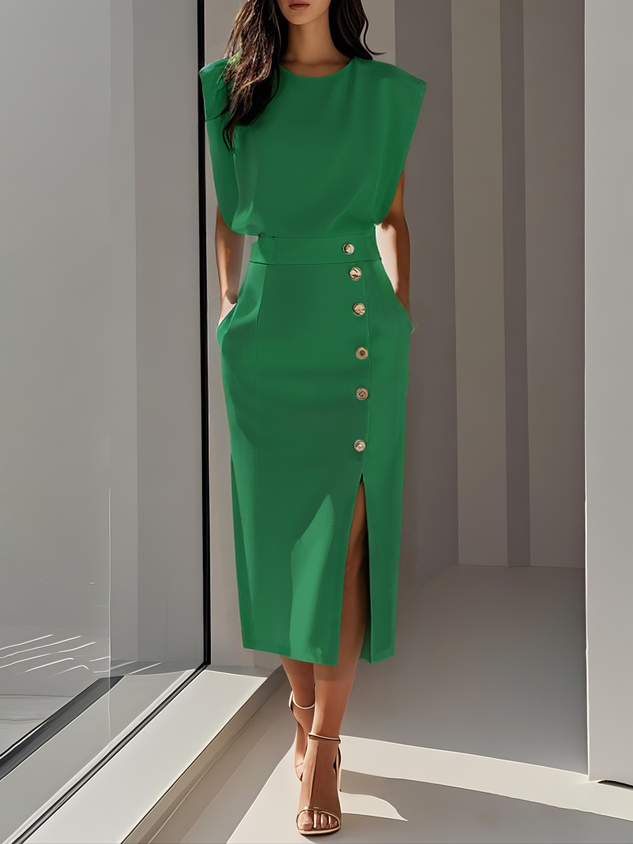 Sleeveless Button-Detail Bodycon Midi Dress