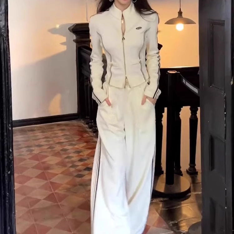 Women's Zip-Up Stand-Collar Jacket and Wide-Leg Trousers Set