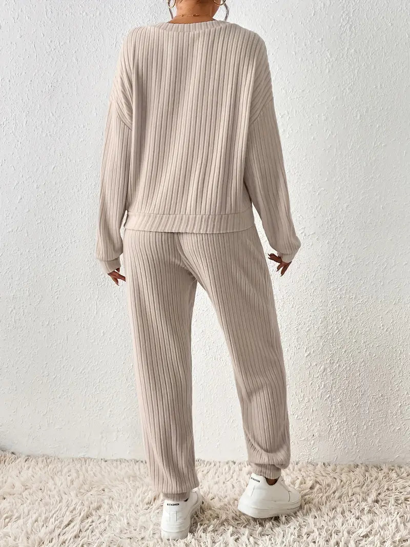 Women's Soft Ribbed Knit V-Neck Top and Drawstring Jogger Set