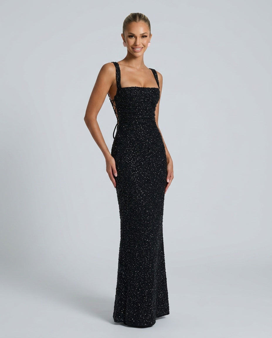 Sequin Tie-Up Square Neck Maxi Dress