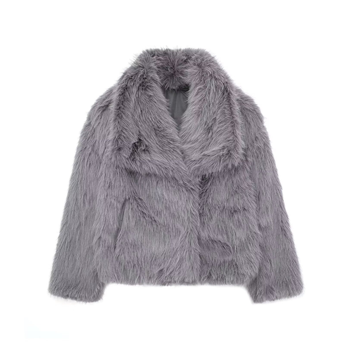 Women's Short Faux Fur Jacket with Wide Lapels and Side Pockets