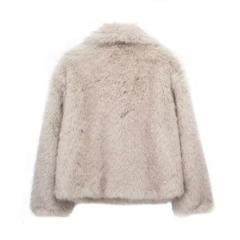 Women's Short Faux Fur Jacket with Wide Lapels and Side Pockets