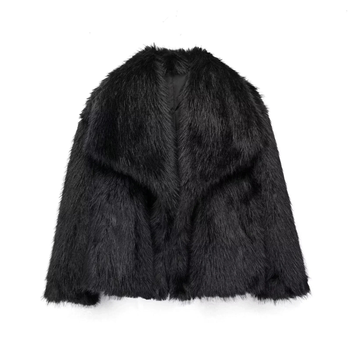Women's Short Faux Fur Jacket with Wide Lapels and Side Pockets
