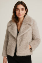 Women's Short Faux Fur Jacket with Wide Lapels and Side Pockets