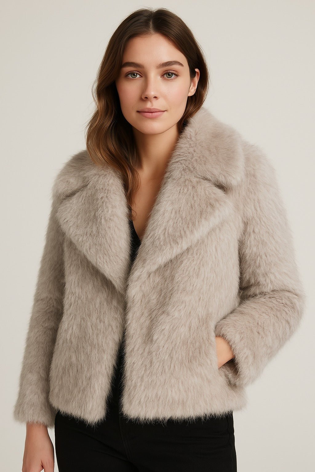 Women's Short Faux Fur Jacket with Wide Lapels and Side Pockets