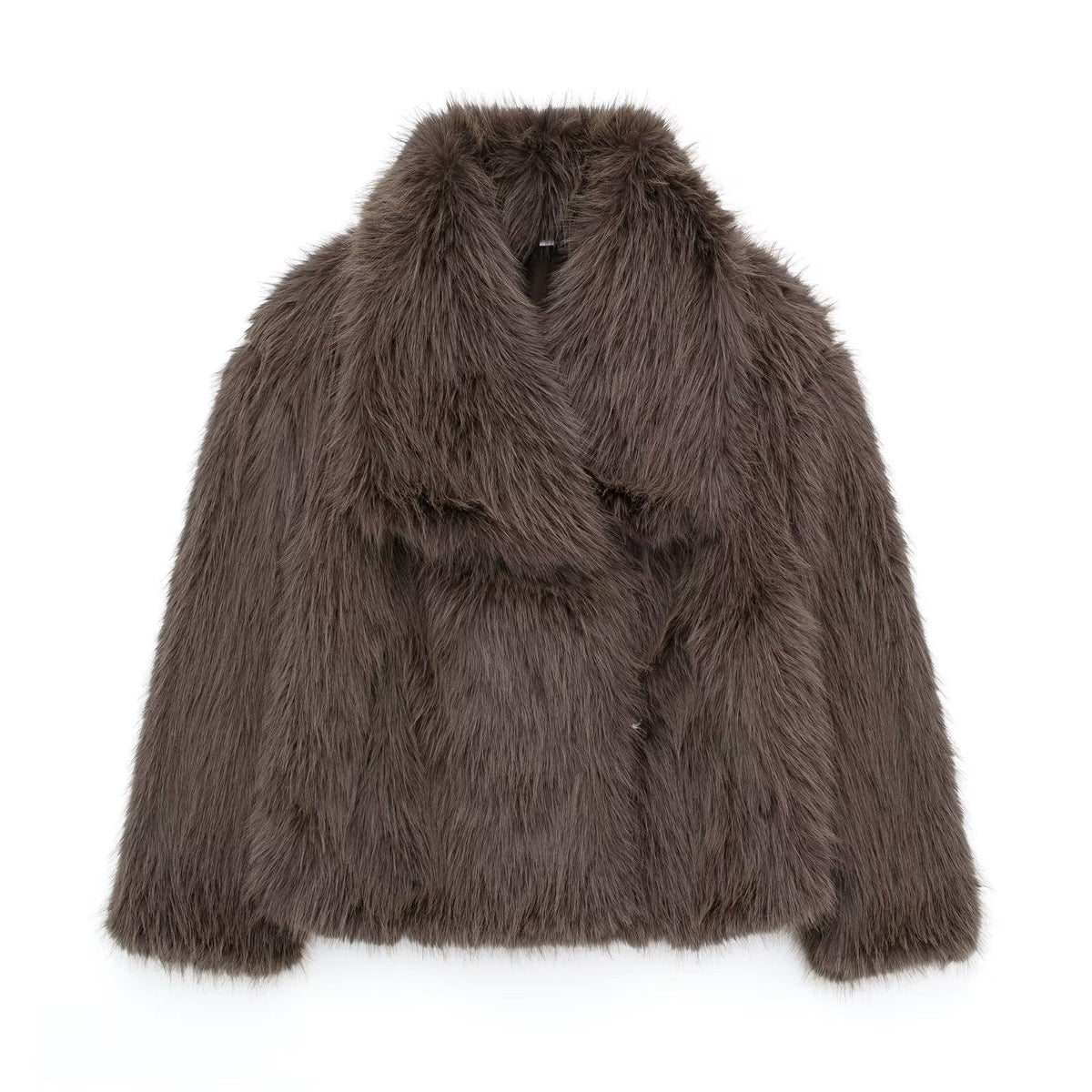 Women's Short Faux Fur Jacket with Wide Lapels and Side Pockets