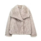 Women's Short Faux Fur Jacket with Wide Lapels and Side Pockets