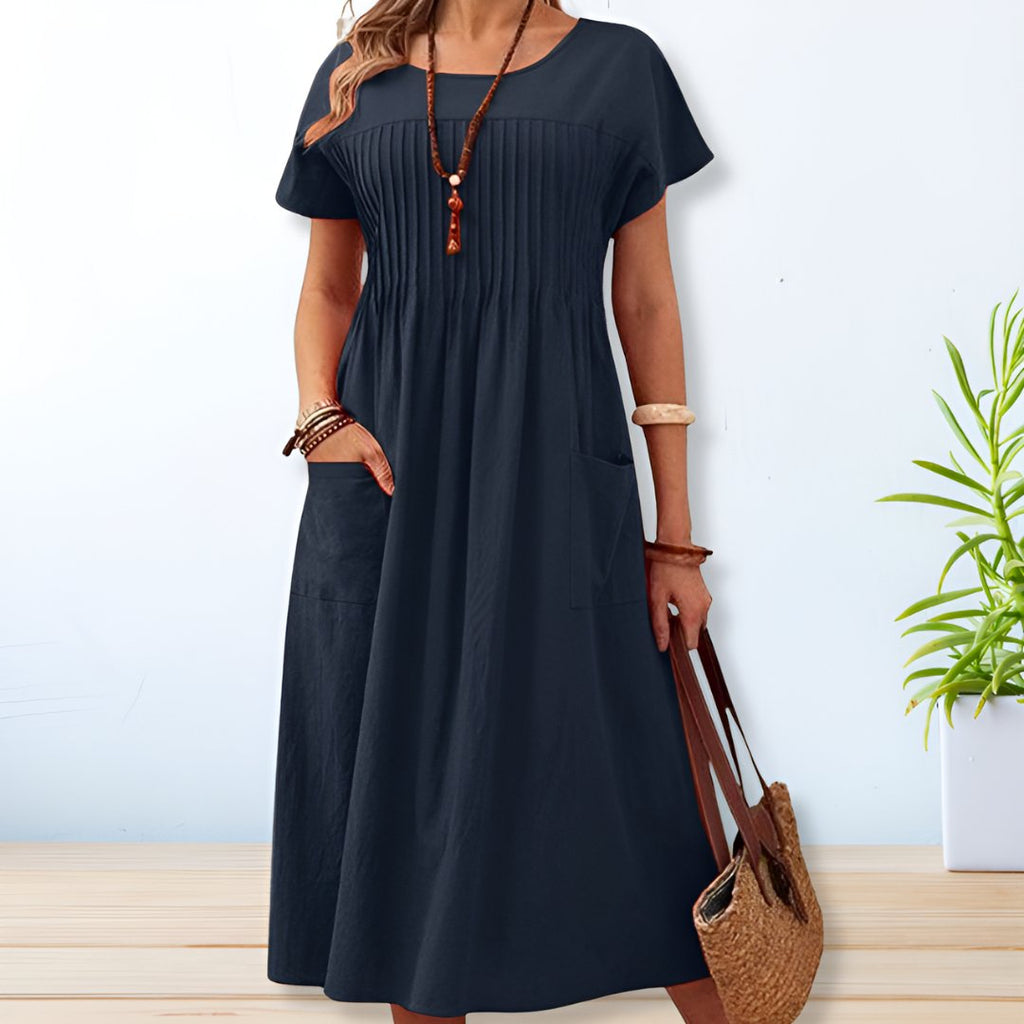 Pintuck Relaxed Midi Day Dress with Pockets
