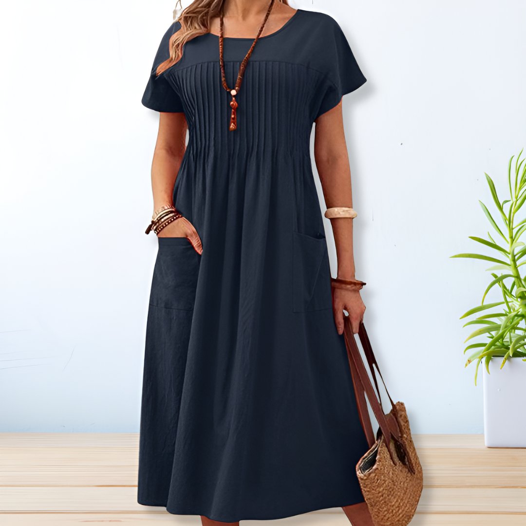 Pintuck Relaxed Midi Day Dress with Pockets