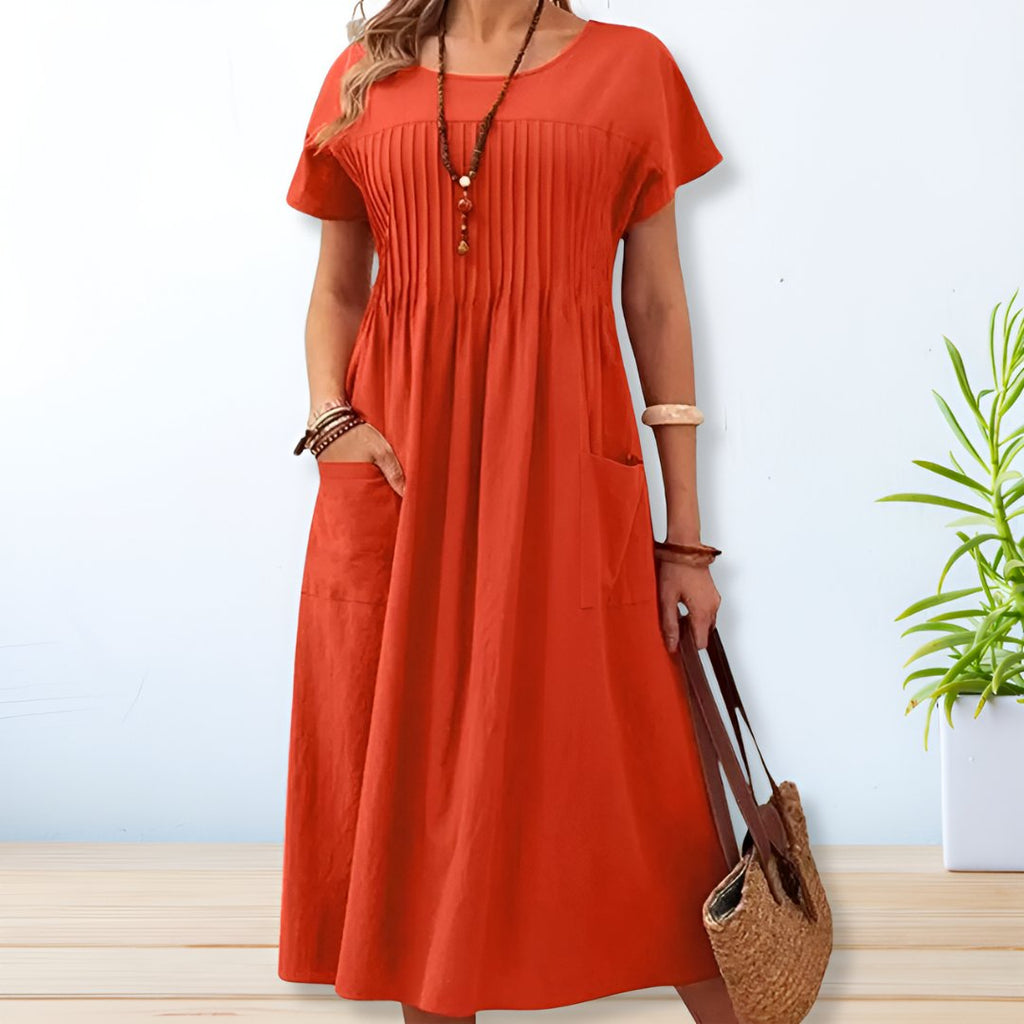 Pintuck Relaxed Midi Day Dress with Pockets