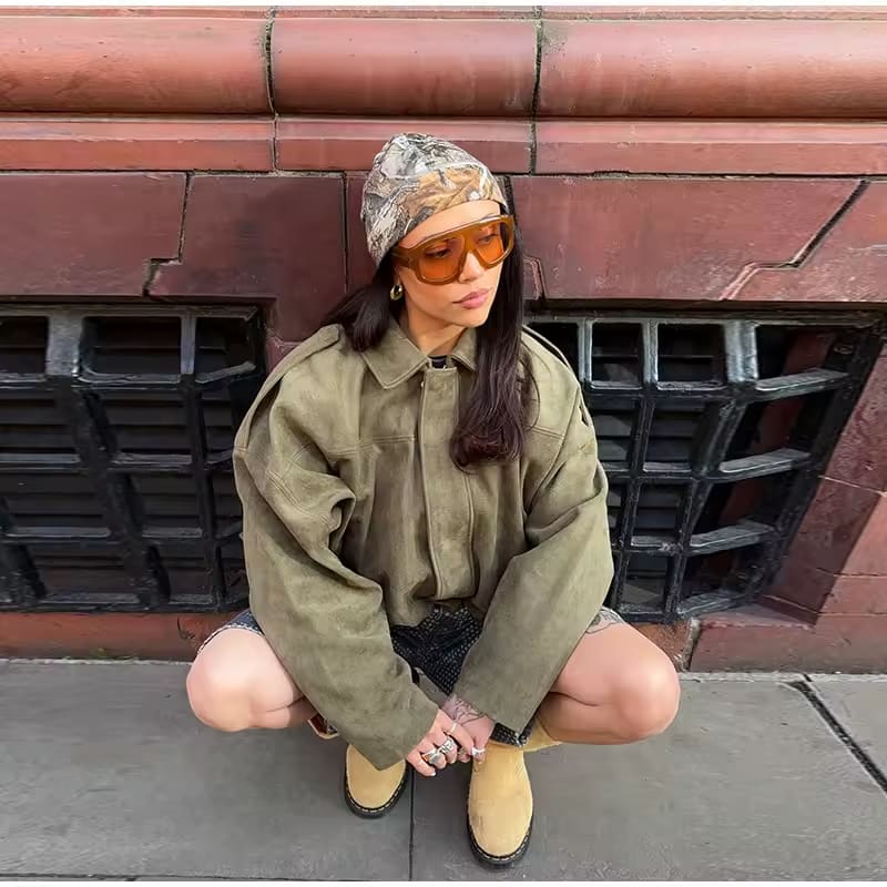 Cropped Suede Look Jacket with Shoulder Epaulettes – Women's Utility Jacket