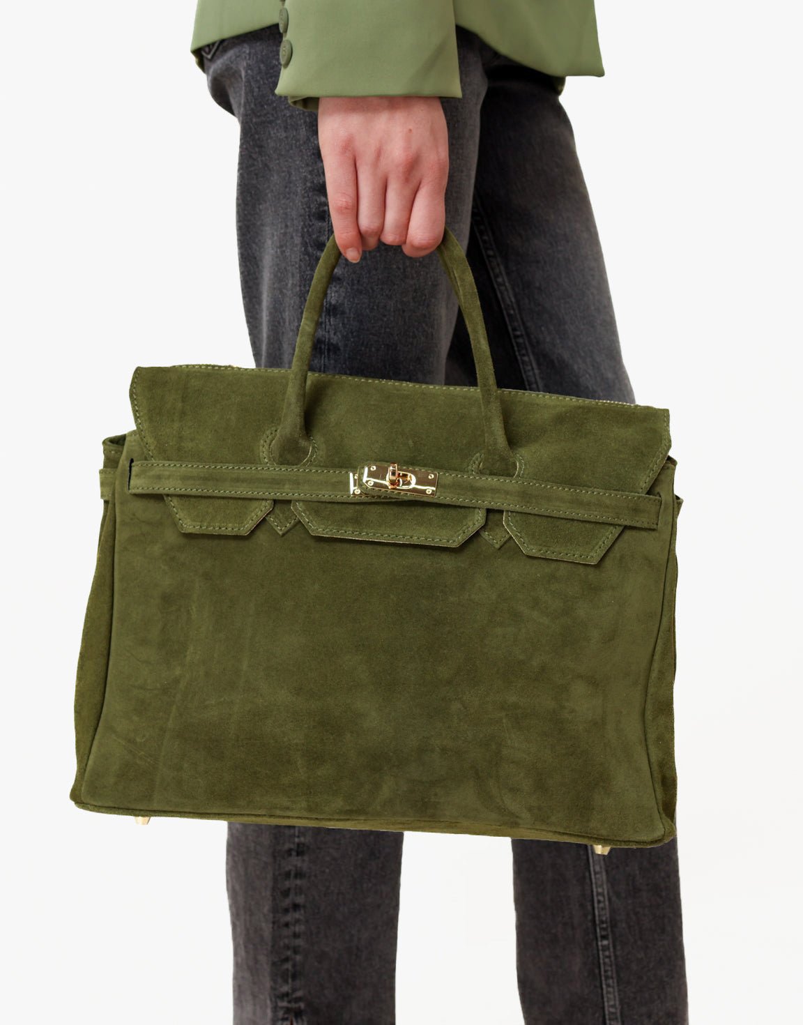 Suede-Look Shoulder Bag with Gold Detail - Army Green