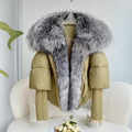 Women's Cropped Puffer Winter Jacket with Oversized Faux Fur Collar