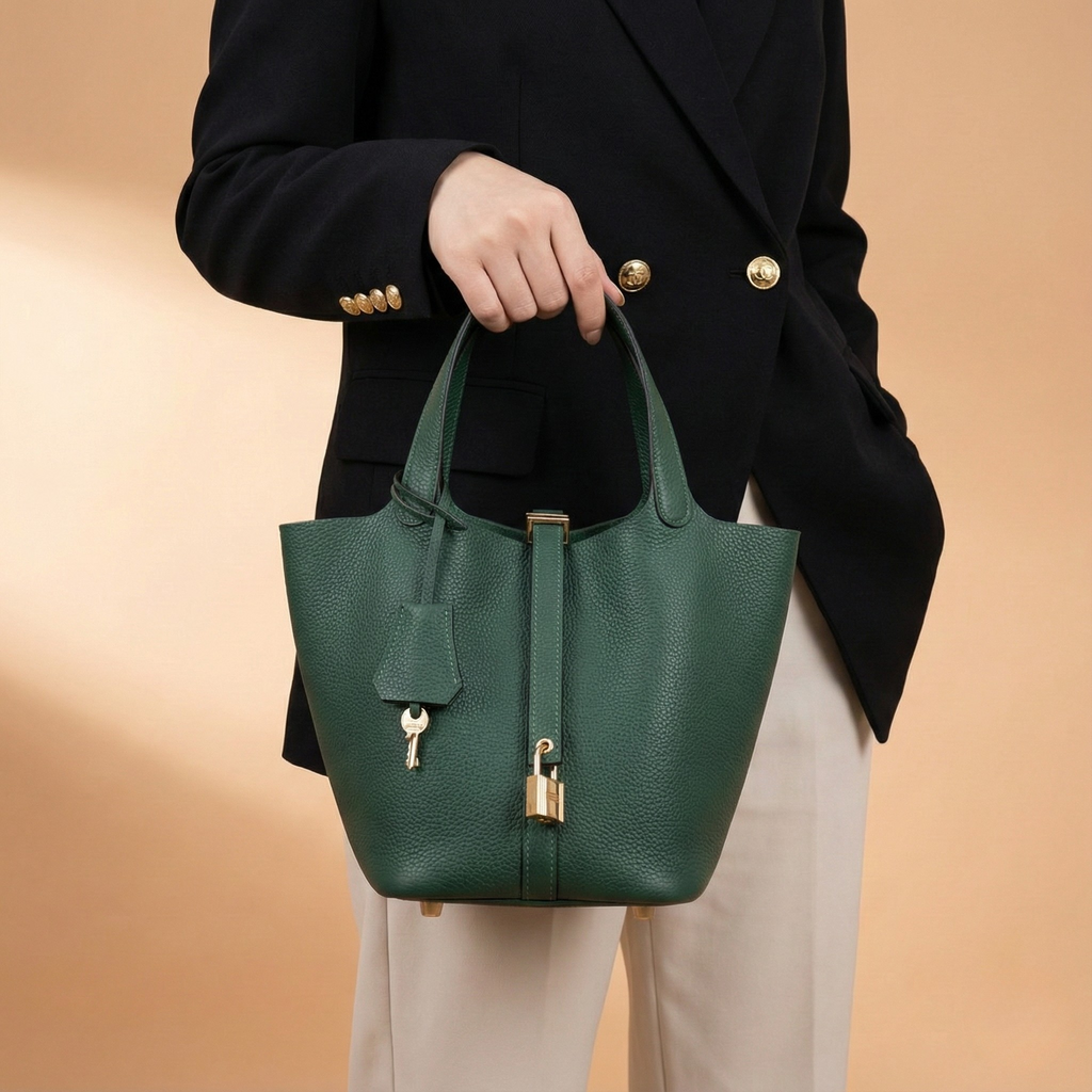 Structured Basket Handbag with Twist Lock – Faux Leather Bucket Bag