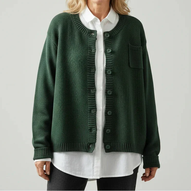 Women's Textured Knit Button-Up Cardigan with Round Neck and Chest Pocket