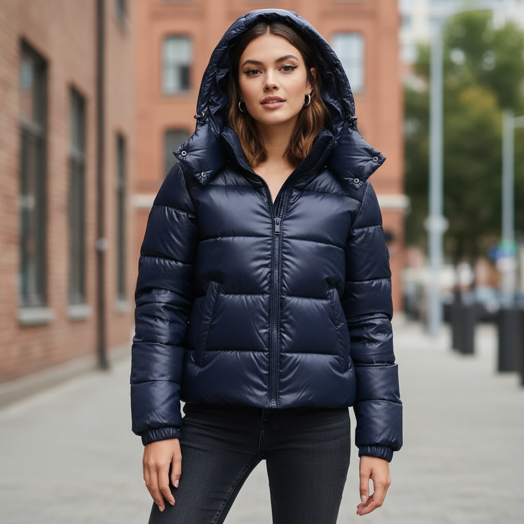 Women's Padded Winter Jacket with Hood and Glossy Finish – Water-Repellent